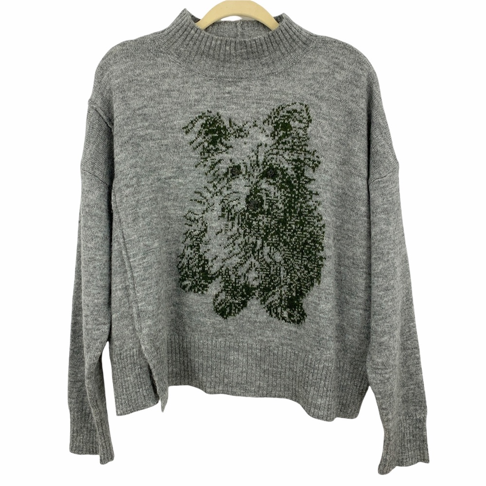 Anthropologie Moth Intarsia Dog Terrier Mock Neck Wool Blend Sweater Sz Large